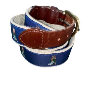 Vintage Golf Caddy Print Navy Blue on Khaki Webbing Ribbon Overlay Belt Sz 40